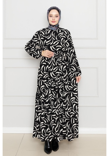 Beli Kuşaklı Çapraz Fırfırlı Lale Elbise-siyah-4465 Siyah