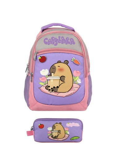 Capybara Kız Çocuk İlkokul Sırt Çantası Ve İki Gözlü Kalemlik Seti - Mor - Pembe - Setcpb5233c Çok Renkli