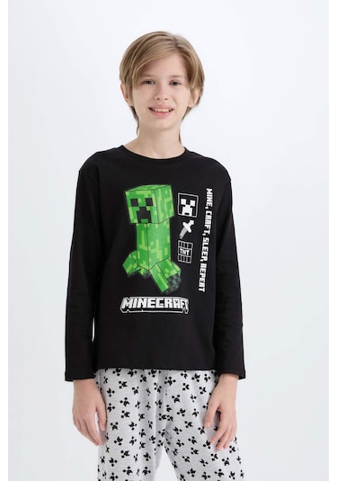 DeFacto Erkek Çocuk Minecraft Pijama Takımı Bisiklet Yaka Uzun Kollu Üst Beli Lastikli Uzun Alt D8101A824WNBK81