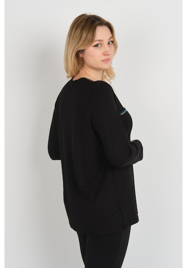Detay Triko Kadın Süs Cepli Toka Detaylı Uzun Kol Anne Bluz 5717 Siyah Siyah