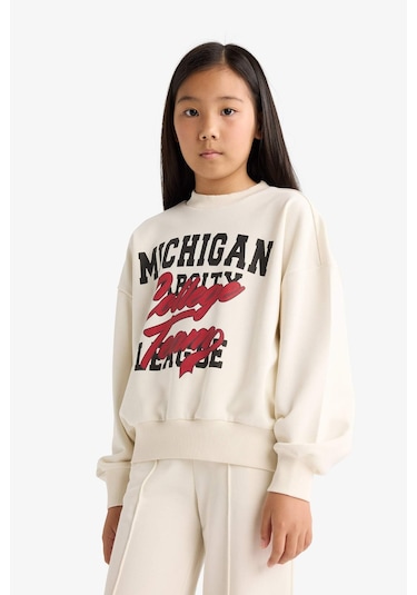 Defacto Kız Çocuk 2li Takım Baskılı Sweatshirt Eşofman Altı F2564a825auer238 Ekru