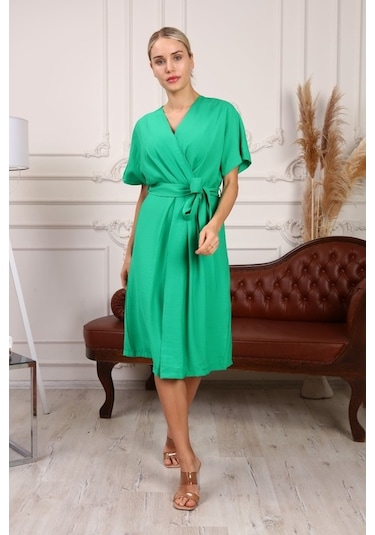 Aymeravm - Beli Kuşaklı V Yaka Kadın Elbise - Mas0820Ga Yeşil