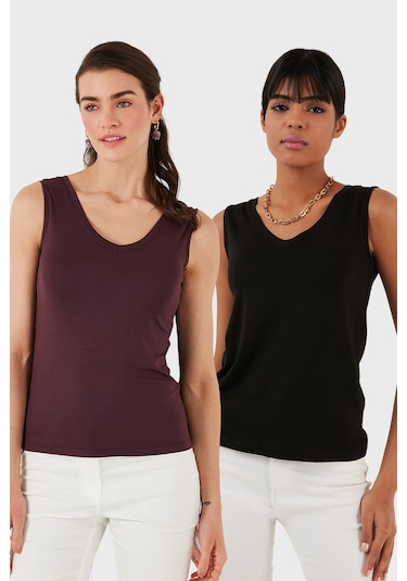 Lela Slim Fit V Yaka Kalın Askılı 2' Li Paket Bayan Bluz 5864384S2 Siyah-Vişne