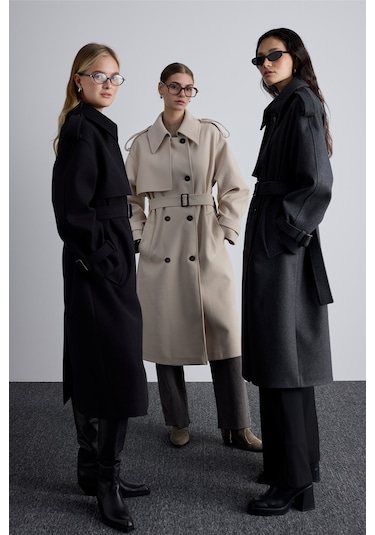 Apolet Detaylı Kaşe Kaban Bej