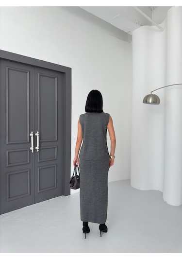 Kadın Düğme Detaylı Yelek Uzun Etek Alt Üst Triko Takım Antrasit