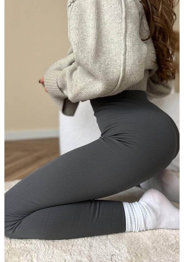 Madmext Füme Yüksek Bel Kadın Fitilli Tayt Mg1625 Füme