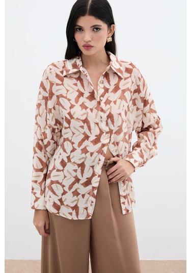 Desenli Viskon Gömlek - Kahve-136023 Kahve