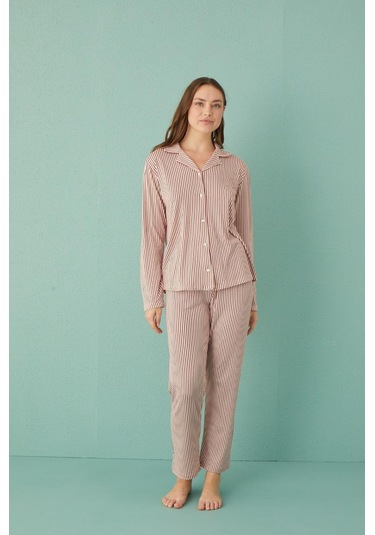Kadın 50701-287 Önü Düğmeli Pijama Takımı Mürdüm MÜRDÜM
