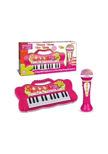Minik Müzisyenlere Elektronik Mikrofonlu Işıklı 24 Tuşlu Pembe Org