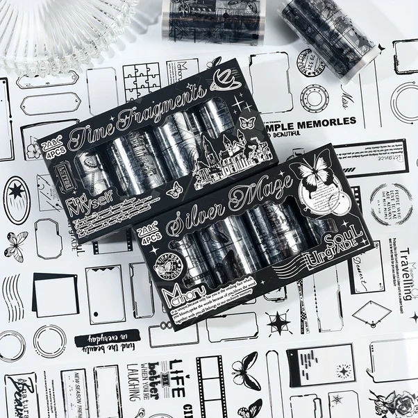 Gateesat 4 Rulo Zabc Zaman Parçacıkları Dekoratif Şerit Su Geçirmez Pet Scrapbooking Günlük Dıy