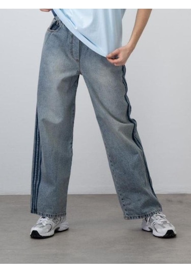 Zekids Kız Çocuk Kordon Detaylı Oversize Denim Pantolon-15529 Mavi