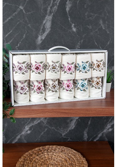 %100 Pamuklu 3d Çiçek İşlemeli 12 Li Analı Kızlı Çeyizlik Havlu Seti 50x90 Cm - 00030 Beyaz