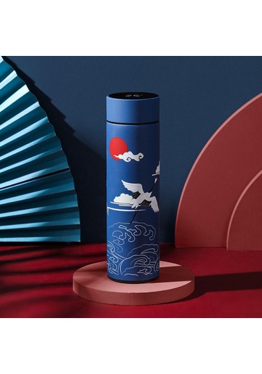 Mavi Kapaklı Çift Katmanlı Ekran Çin Tarzı Kahve Tumbler Su Şişesi Termos Termos Bardak