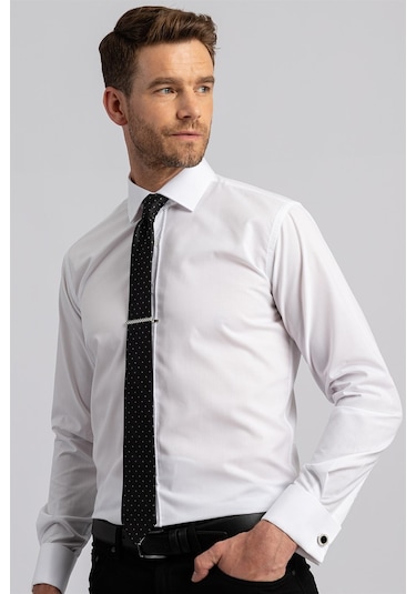 Tudors Modern Slim Fit Çift Manşet Erkek Gömlek-2262 Beyaz