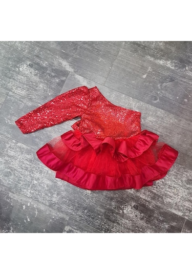 Mashotrend Kırmızı Payetli Kurdelalı Tek Omuz Abiye - Çocuk Abiye Kırmızı