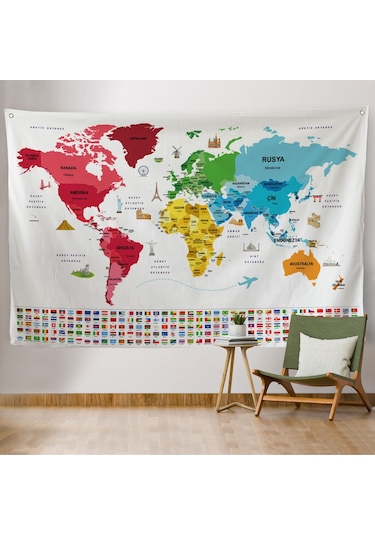 Türkçe Ülke Bayrak Lı Eğitici Başkent Detaylı Atlası Dünya Haritası Duvar Örtüsü-halısı 3861