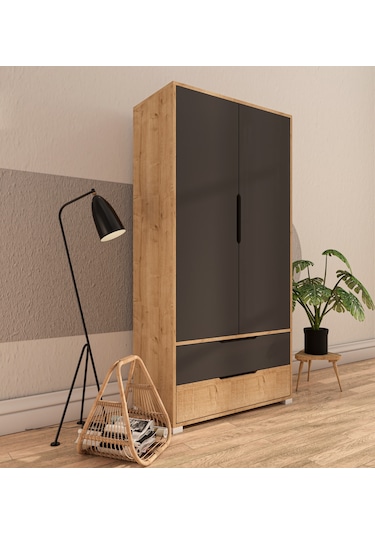 Flora 2 Kapaklı 2 Çekmeceli Gardırop Safir Meşe - Antrasit Elbise