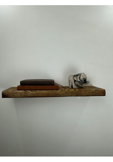 60 Cm Ahşap Duvar Rafı, Kütük Duvar Rafı, Masif Raf Koyu Meşe