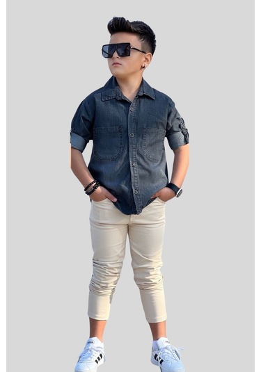 Modavals Tensel Denim Gömlek Gabardin Pantolon Erkek Çocuk Alt & Üst Takım Siyah