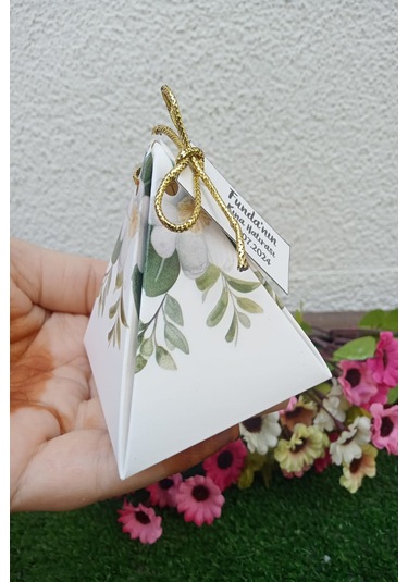 30 Adet Gold İpli Yeşil Çiçekli Piramit Kutu - Kına Hediye Kutu