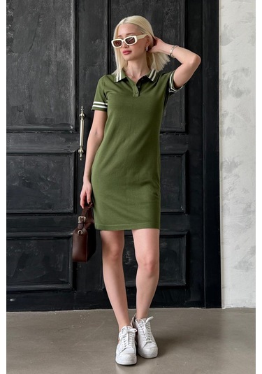 Madmext Haki Polo Yaka Şerit Detaylı Kadın Elbise Mg2344