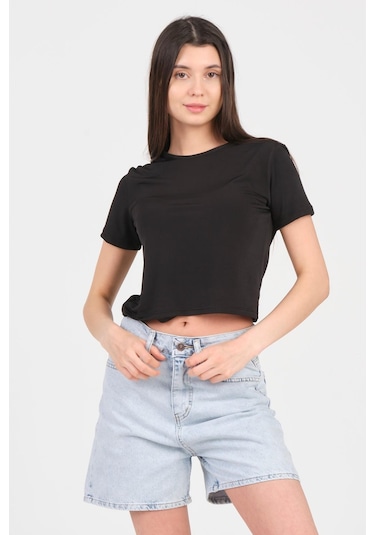 As Collection Siyah Bisiklet Yaka Kısa Kol Sandy Kadın Crop Siyah