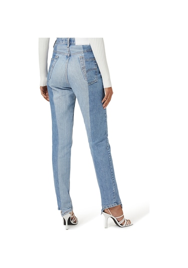 E L V Denim Iki Renkli Düz Kesim Kot Pantolon Orta Mavi