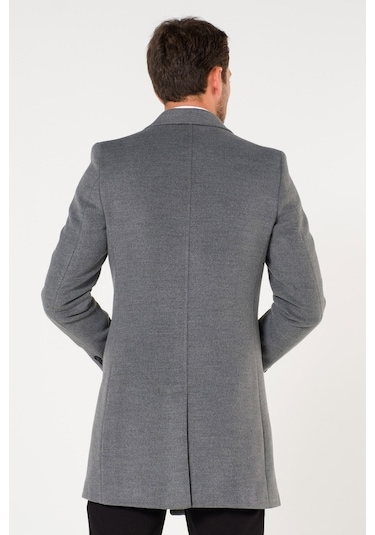 Erkek Kruvaze Düz Gri Kışlık Slim Fit Kaşe Kaban-Gri