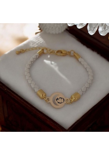 Archin Kemal Sunal Temalı Ay Motifli 14 Ayar Altın Plakalı Doğal Beyaz Derili Hediye Bileklik-477sembol Kemal Sunal