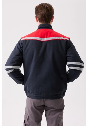 Kışlık İş Montu Grikırmızı Reflektörlü Gabardin Royal Mont İçi Kapitoneli Sıcak Tutan Lacivert-Kırmızı