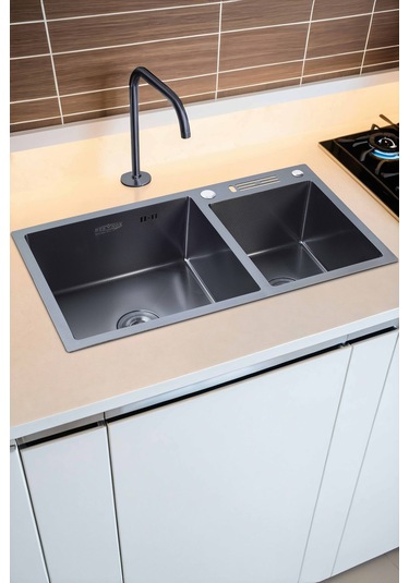 Sun Serisi %100 Krom 82x45 İki Göz Bıçak Yuvalı Paslanmaz Mutfak Eviyesi, Mutfak Lavabosu Siyah