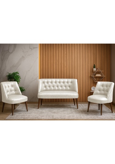 Milano 3 Lü Deri Oturma Grubu 2 Berjer + 1 İkili Koltuk Ofis & Ev Kullanımı Krem Krem