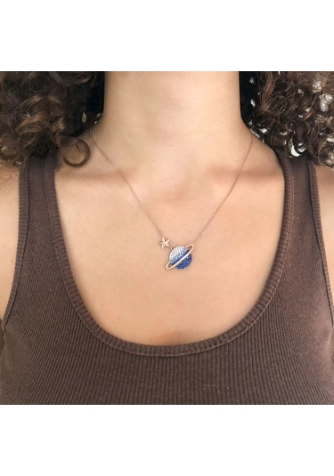 Ferizz Mavi Zirkon Taşlı Satürn Model Rose Gümüş Kolye Gk-316