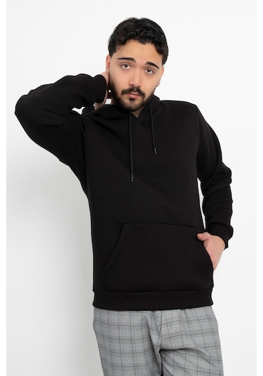 Dasüniforma Basic Baskısız 3 İplik Kapüşonlu Unisex Kanguru Cepli Kapüşonlu Sweatshirt Hoodie Sweat Siyah