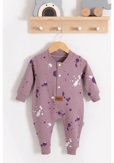 Puantiye Desenli Pamuklu Kız Bebek Tulum Lila