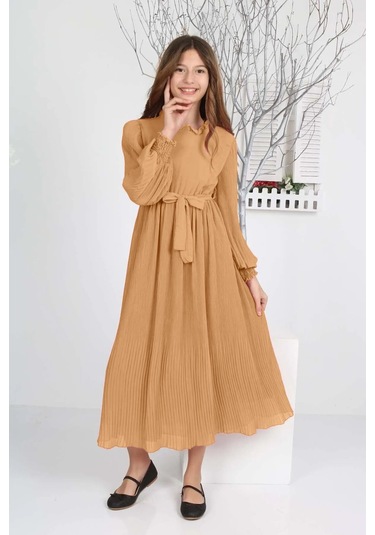 Kız Çocuk Uzun Boydan Pliseli Şifon Elbise Açık Kahve