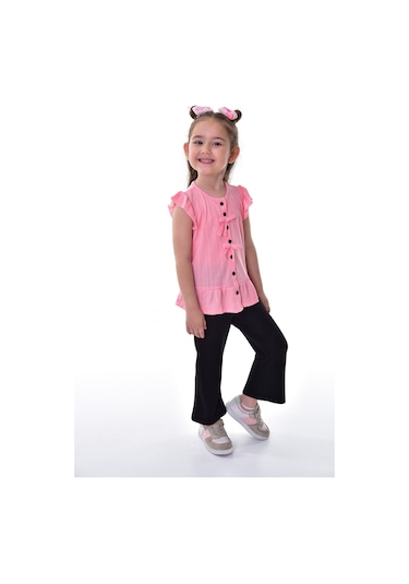 Fırfır Kollu Düğmeli Fiyonk Detaylı Kız Çocuk Alt-üst Takım Pembe