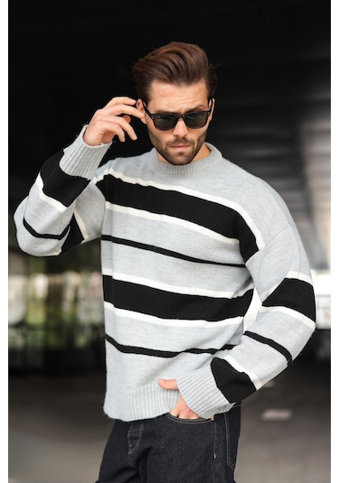 Gri Çizgili Bisiklet Yaka Triko Erkek Kazak E7455 Gri