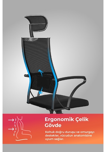 Ergolife Sit Air-180 Ofis Koltuğu Yükseklik Ayarlı, Fileli, Boyun Destekli, Bilgisayar Sandalyesi -574.61.40.222 Çok Renkli