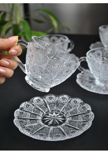 12 Parça Kristal Cam Çay Seti 200 Ml 6 Kişilik Lüx Çay Fincan Ta Şeffaf