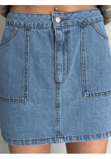Kadın Mavi Denim Mini Etek Mavi