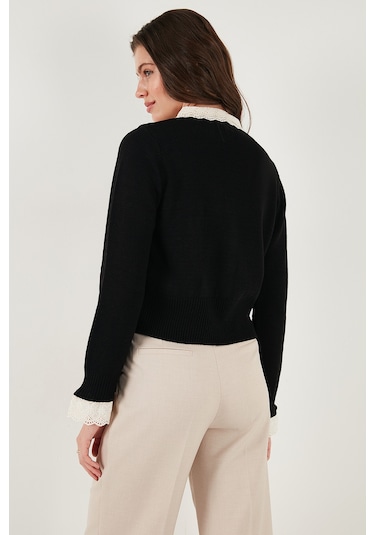 Lela Premium Dantelli Bağlamalı Yaka Regular Fit Düğmeli Triko Bayan Hırka 680Hi00251 Siyah