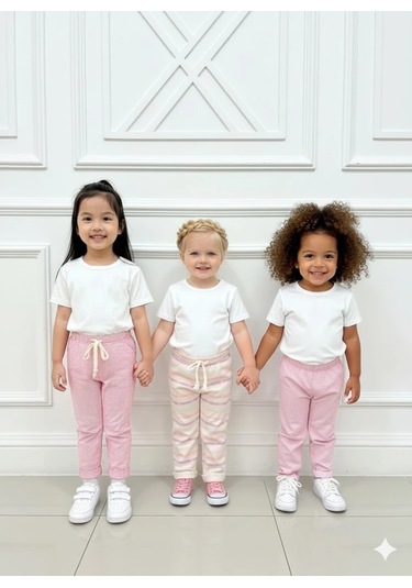 Kız Çocuk Desenli 3 Lü Paket Gündelik Rahat Pantolon Seti 2-7 Yaş Pembe-pudra-a.pembe