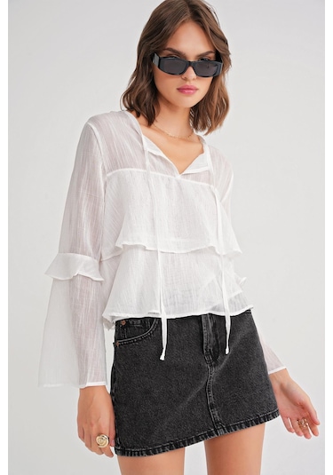 4735 Kadın Uzun Kollu Fırfırlı Bağlamalı Bluz Beyaz Beyaz