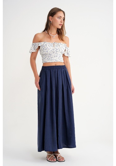 4612 Kadın Yandan Cepli Pileli Bol Etek Lacivert Lacivert