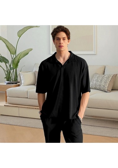 Siyah, Oversize/geniş Kesim, Dokulu Kırışmaz, Ottoman Polo Yaka T-shirt Ve Eşofman Takım Siyah