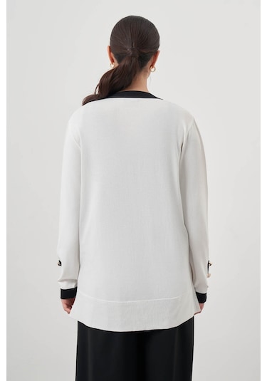 Mizalle Şeritli Rayon Ekru Hırka Ekru