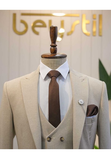 Beystil Sivri Yaka Krem Takım Elbise Elanor- Slim Fit Ekru