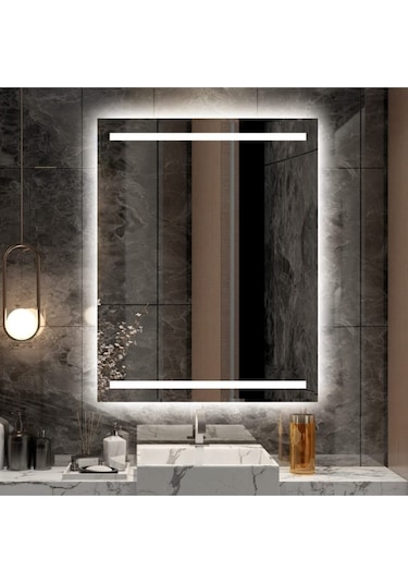 Nuun Dekor 80x60 Beyaz Ledli Kumlamalı Modern Dekoratif Ayna Banyo Ofis Lavabo Aynası - Trafolu Beyaz