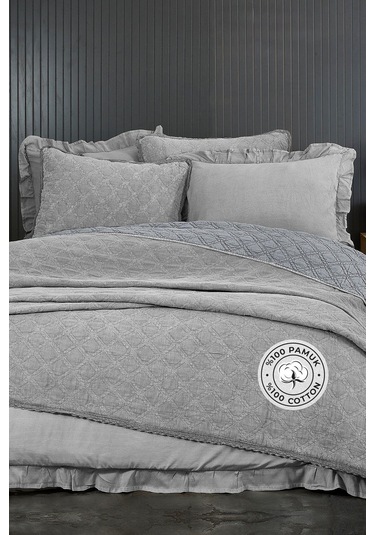 Evlen Home %100 Pamuk Çift Kişilik Özel Taş Yıkama Nevresimli Yatak Örtüsü Seti 7 Parça Yumuşak Barbara Gri